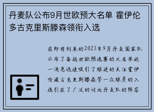 丹麦队公布9月世欧预大名单 霍伊伦多古克里斯滕森领衔入选
