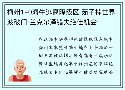 梅州1-0海牛逃离降级区 茹子楠世界波破门 兰克尔泽错失绝佳机会